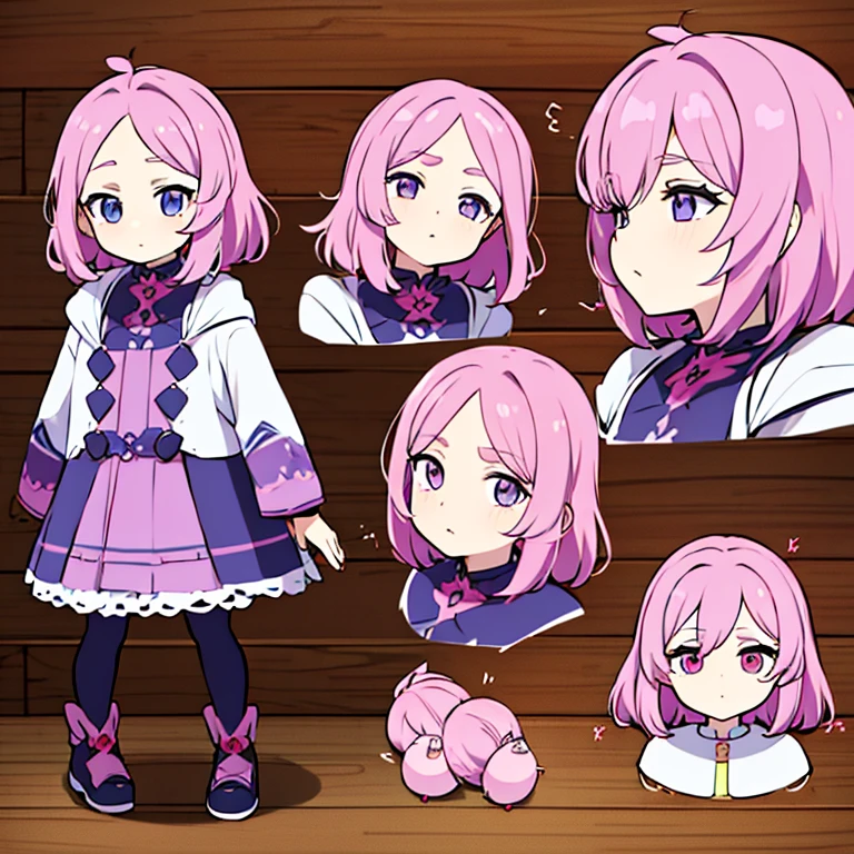 Personagem feminino,cabelo longo,cheio e ondulado de cor castanho escuro, seus olhos castanhos escuro, cor da pele parda, in anime version, de cores das veste branca, with pink and lilac details, em desenho flores, uma personagem feminina estilo anime e uma mestra de bombas Model sheet.