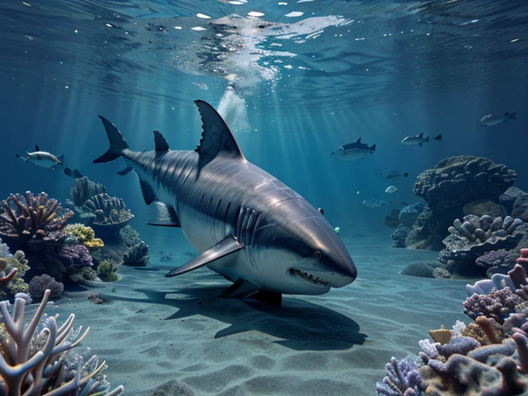 Create a photo realistic hybrid half-shark, half-alien creature, swimming on the bottom of the sea, with colorful fish and octopus in the background, 4k.
