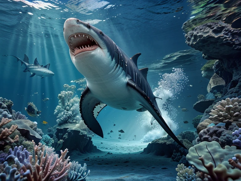 Create a photo realistic hybrid half-shark, half-alien creature, swimming on the bottom of the sea, with colorful fish and octopus in the background, 4k.
