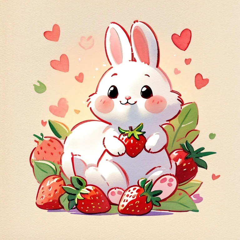 Rabbit eating strawberry，watercolor，Q version，Lovely，Children's picture book style，meticulous，flat style，children illustration，Hand Painted