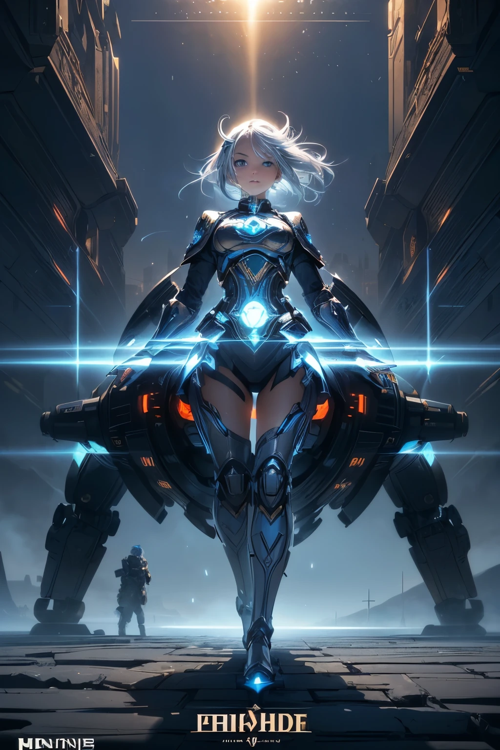 1 girl, frontal,blue eyes, white hair blowing in the wind, hands open, giant mecha warrior standing next to her, science fiction novel, mechanical armor, metallic luster, electroplating, clothing logo, Mars, spacecraft, floating cannon, hexagonal, (from bottom: 1.2), glow, backlight, (background blurry: 1.2) movie lighting, low illumination, VHS style, (masterpiece: 1.3), (best quality: 1.1), complex details, (Surrealism: 1.1), (Realistic details: 1.1), High level of detail, (The text on the cover should be bold and eye-catching, partially hidden behind the characters, with magazine titles and eye-catching titles: 1.4), Superview, Wide angle. Dynamic pose, lighting_ Stance, wide-angle lens