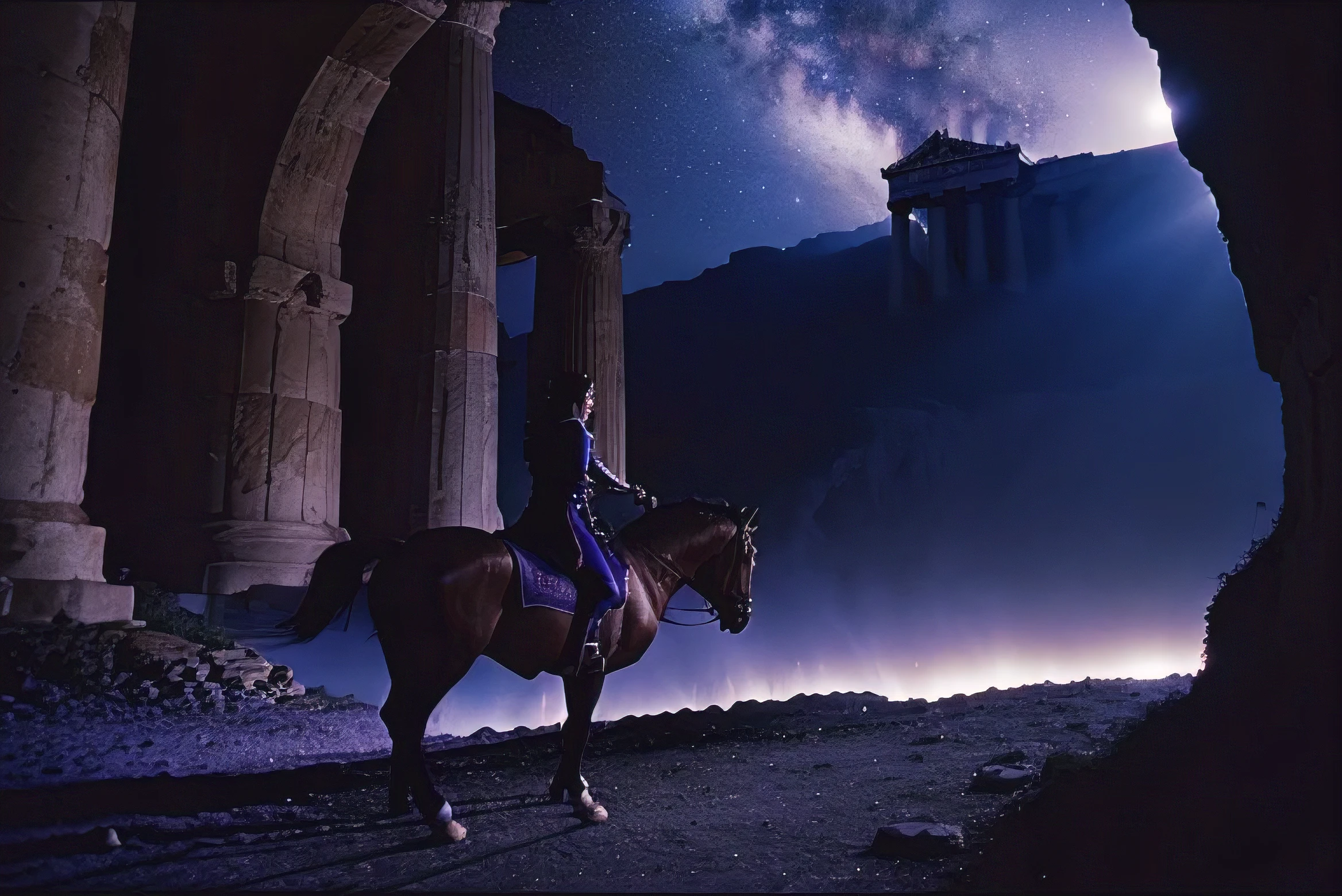 DVD still from 1981 Dark Adventure Fantasy Film "Clash of the Titans", Underground Greek Parthenon on cliff, night, stars, blue and purple