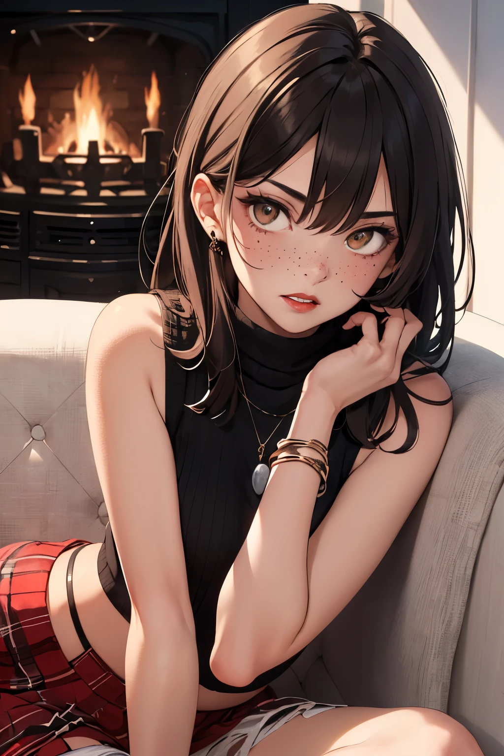 ((best quality)), ((masterpiece)), (detailed), Ridiculous resolution, high resolution, (masterpiece:1.4), Hyper-detailing, a woman. she is 17 years old. black hair. She has bangs in her hair. red lips. she is blushing. she has freckles. (Ultra detailed brown eyes)). she is lying on a sofa by the fireplace. She is wearing a sleeveless woolen crop top sweatshirt. She is wearing a woolen, ribbed mini skirt. necklace. full body shot. she is angry.