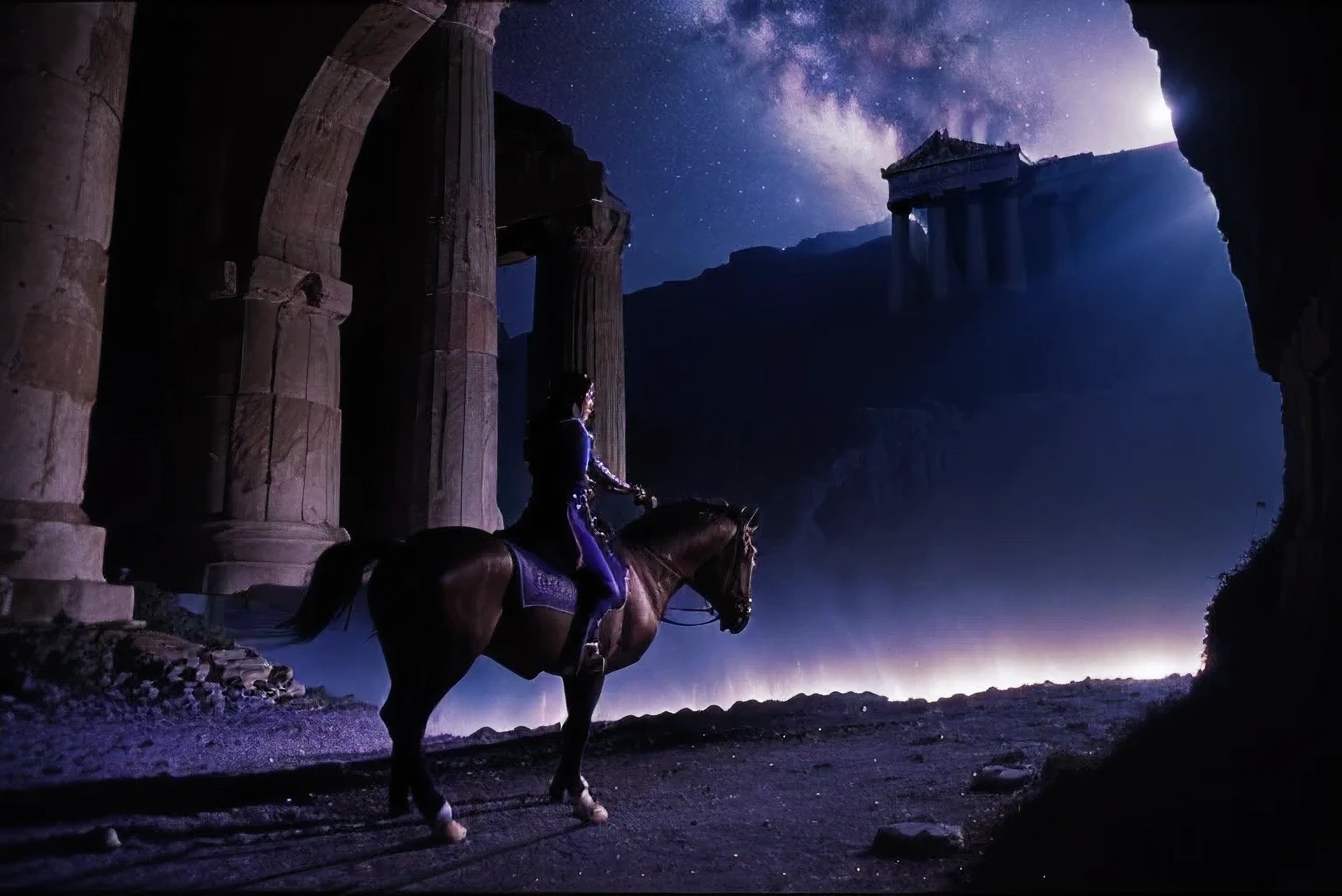 DVD still from 1981 Dark Adventure Fantasy Film "Clash of the Titans", Underground Greek Parthenon on cliff, night, stars, blue and purple