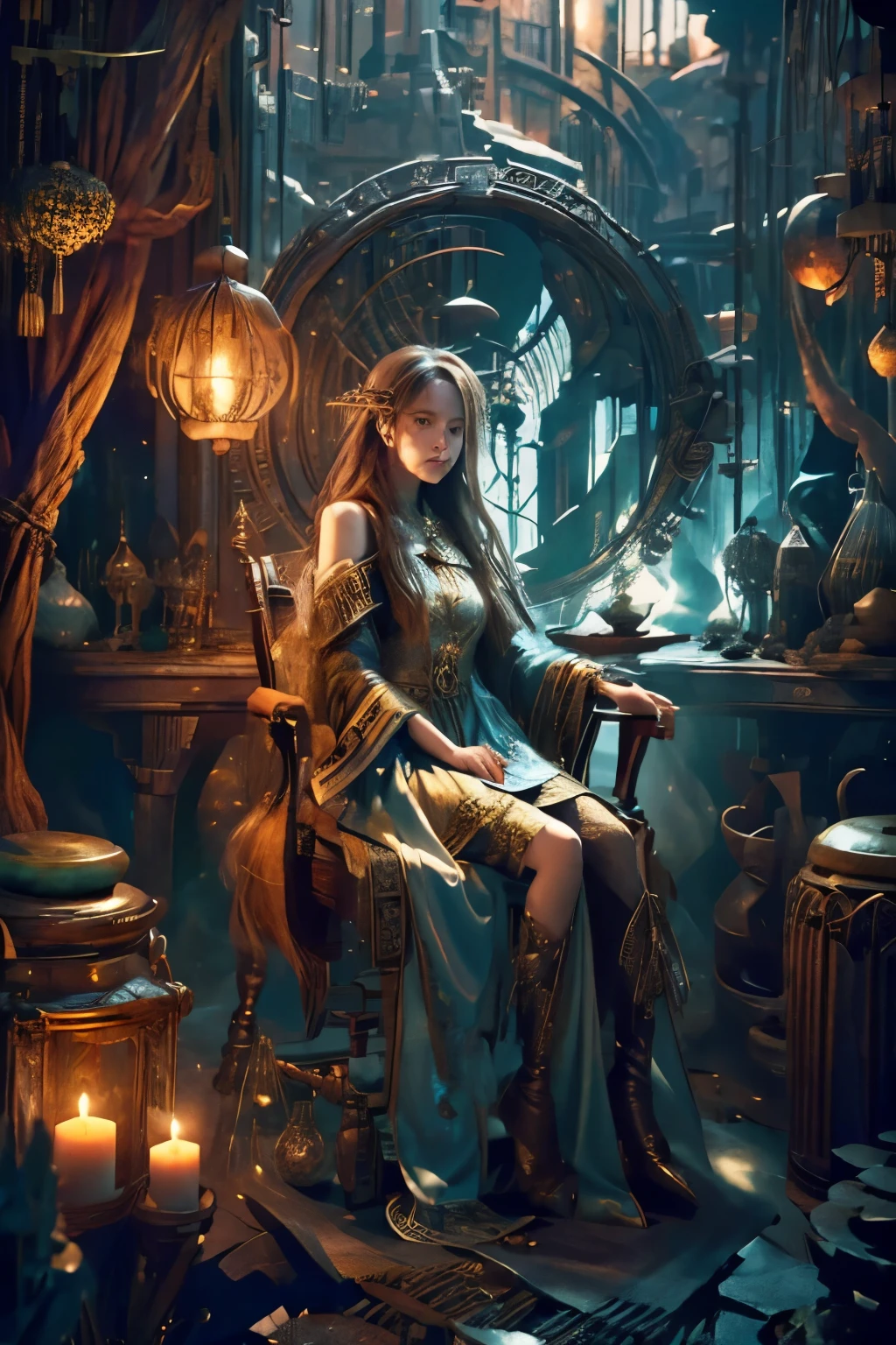 (1 girl:1.3),alone,__body parts__,, official art, unified 8k wallpaper, Super detailed, beautiful and aesthetic, beautiful, masterpiece, best quality,dreamy atmosphere, Calm color palette, calm mood, soft shadow,, Witch Priestess, charm spell, The amulet is familiar, The duties of a witch,