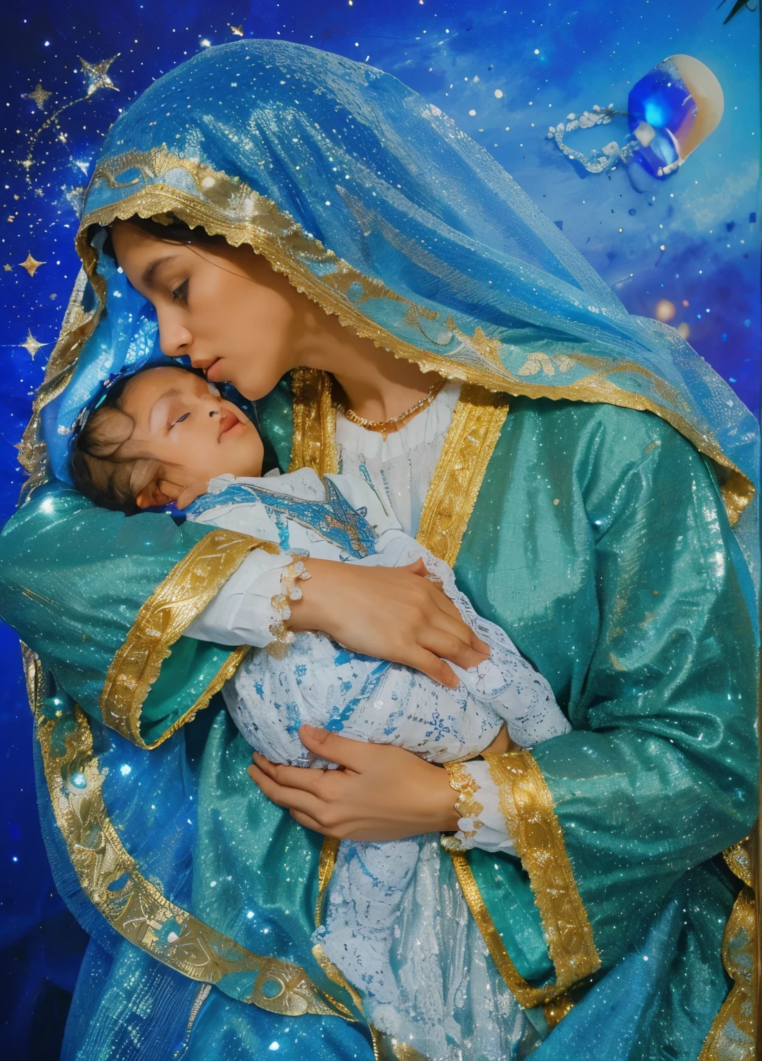 (((Holy virgin mary mystical rose-black and  Jesus. . IN CUSTOM METALLIC COLORS mayan  blue russian costume))) luminoso, obra maestra, (Mejor calidad: 1.2), (super fine: 1.2), illustration, (extremadamente delicado y hermoso: 1.2), movie angle, flotante, (Hermoso detalle ojo: 1.1), (detalle de luz: 1.1), Movie Lights, Cielo delicado, ojos azules, (cola de caballo alta: 1. 1), capa, Ojeteador, cielo estrellado, (light particles: 1.1) Dibujo, flor. (obra maestra), (Mejor calidad), (fotorrealista:1.3), 8k, textura de piel detallada, Textura de tela detallada, hermoso rostro detallado, detalles intrincados, ultra detallado (Cuerpo completo:1.2)

Traducido con DeepL.con (Free version)