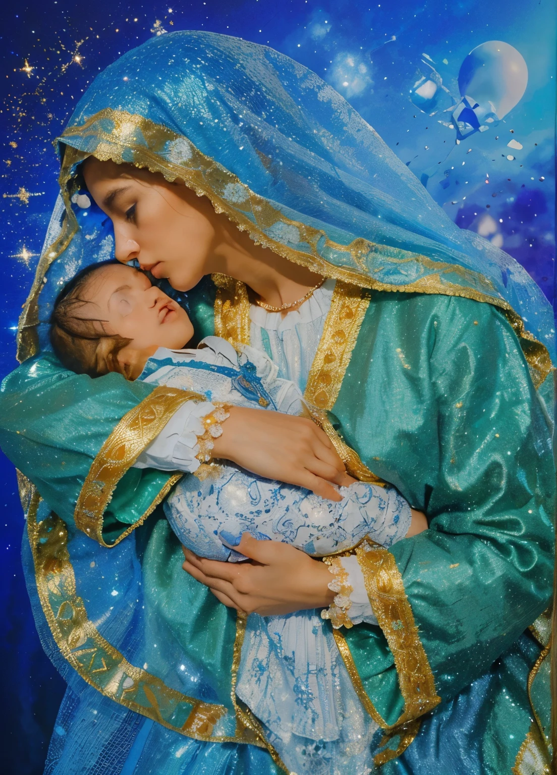 (((Holy virgin mary mystical rose-black and Jesus. 17 years old. IN CUSTOM METALLIC COLORS mayan blue russian costume))) luminoso, obra maestra, (Mejor calidad: 1.2), (super fine: 1.2), illustration, (extremadamente delicado y hermoso: 1.2), movie angle, flotante, (Hermoso detalle ojo: 1.1), (detalle de luz: 1.1), Movie Lights, Cielo delicado, ojos azules, (cola de caballo alta: 1. 1), capa, Ojeteador, cielo estrellado, (light particles: 1.1) Dibujo, flor. (obra maestra), (Mejor calidad), (fotorrealista:1.3), 8k, textura de piel detallada, Textura de tela detallada, hermoso rostro detallado, detalles intrincados, ultra detallado (Cuerpo completo:1.2)
Traducido con DeepL.con (Free version)