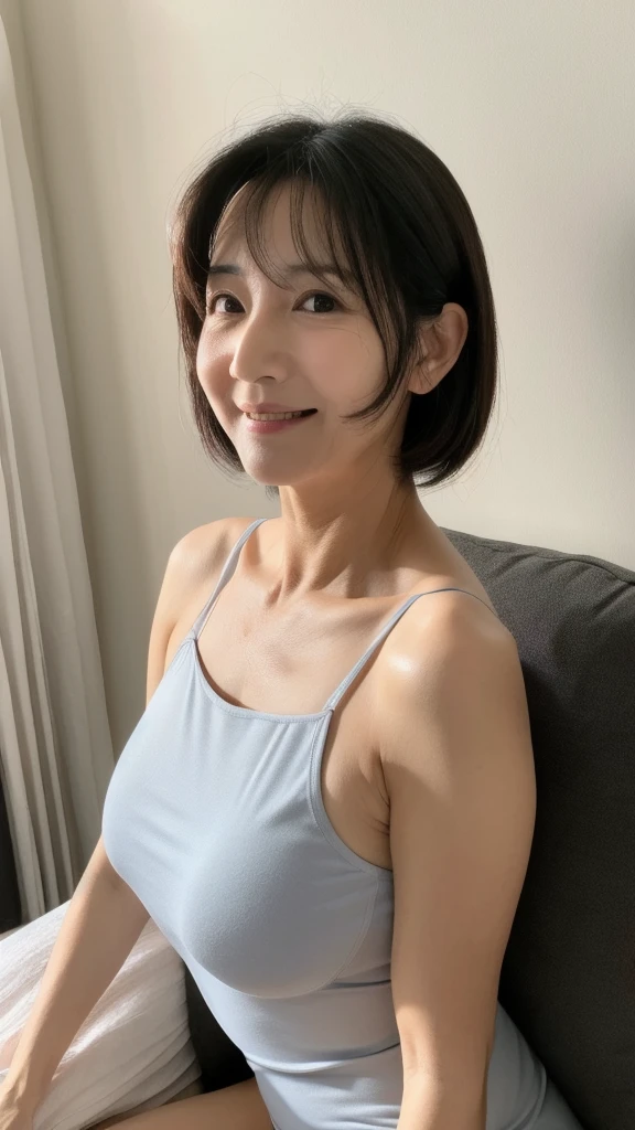 ((highest quality)), ((masterpiece)), (be familiar with), perfect face, mature woman, 50 years old, Japanese, big breasts, big areola, erect nipples, round face, small face, sharp chin, big nose, long eyes, Cat-like eyes, Laughter, , big ass, full body image, Tank top, thin fabric hot pants, very short hair, Rise, anxious look, beautiful woman, Crisp double eyelids, Dark circles in the eyes, nasolabial folds, wrinkles around the eyes, kneel, blowjob, semen, housewife, Aunt, loose body, Sweat, A look that wants a penis, bed time, suck penis, 顔に付いたsemen, A face that glares harshly