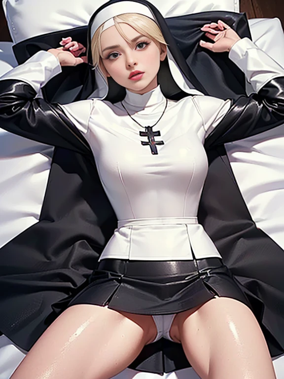 (best quality, 8k, highres, photorealistic:2.0), (solo, one girl:2.0),(lighting: front),(lighting: strong),(Russian Beauty:2.0),(very muscular girl:1.5),(bodybuilder girl:1.5),(shiny skin:1.5),(oily skin:1.5),(platinum blonde hair:1.5),(raise both arms behind your head:1.5),(((medium skirt long sleeve nun wearing tight clothes:1.5))),(wearing white panties:1.3),Blush brown makeup , dark eye makeup , use pink glossy lipstick, wearing a cross necklace,(amazing orgasm:1.0),(intense ecstasy:1.0),((Lie on your back on a clean bed and lean on a large pillow.)),(Open your legs as far as you can and bend them:1.5),((she is absentminded:1.5))