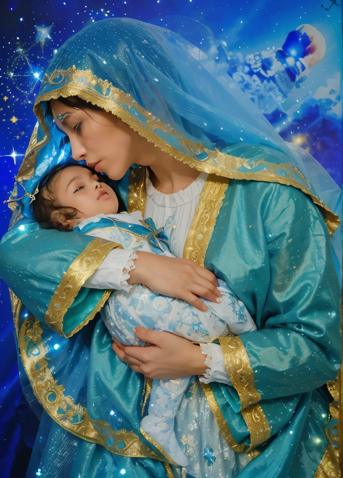 (((Holy virgin mary mystical rose-black and  Jesus. 17 years old. IN CUSTOM METALLIC COLORS mayan  blue russian costume))) luminoso, obra maestra, (Mejor calidad: 1.2), (super fine: 1.2), illustration, (extremadamente delicado y hermoso: 1.2), movie angle, flotante, (Hermoso detalle ojo: 1.1), (detalle de luz: 1.1), Movie Lights, Cielo delicado, ojos azules, (cola de caballo alta: 1. 1), capa, Ojeteador, cielo estrellado, (light particles: 1.1) Dibujo, flor. (obra maestra), (Mejor calidad), (fotorrealista:1.3), 8k, textura de piel detallada, Textura de tela detallada, hermoso rostro detallado, detalles intrincados, ultra detallado (Cuerpo completo:1.2)

Traducido con DeepL.con (Free version)