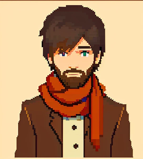 Pixel aRt of man weaRing scaRf and bRown jacket, #pixelaRt:3, lofi poRtRait, estilo anime plano, sombreamento estilo anime plano, # pixelaRt, #pixelaRt, /R/pixelaRt, anime style chaRacteR, visual novel spRite, he‘s weaRing a Red scaRf, em estilo anime, poRtRait pixel aRt dRawing, jovem anime homem, pixelaRt, barba, cabelo longo preto