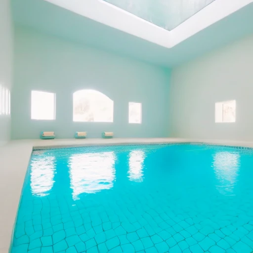(best quality,highres,masterpiece:1.2),ultra-detailed,realistic,red-haired girl swimming in indoor pool,swimming pool with crystal clear water,beautiful reflections on the water,sparkling water droplets,girl with a joyful expression,water splashes around her,white walls,modern and clean swimming pool room,serene and peaceful atmosphere,sunlight streaming through the large windows,soft sunlight creating a warm and inviting ambiance,vivid colors,blue swimming pool tiles,subtle shadows on the white walls,perfectly capturing the tranquility and beauty of the moment.