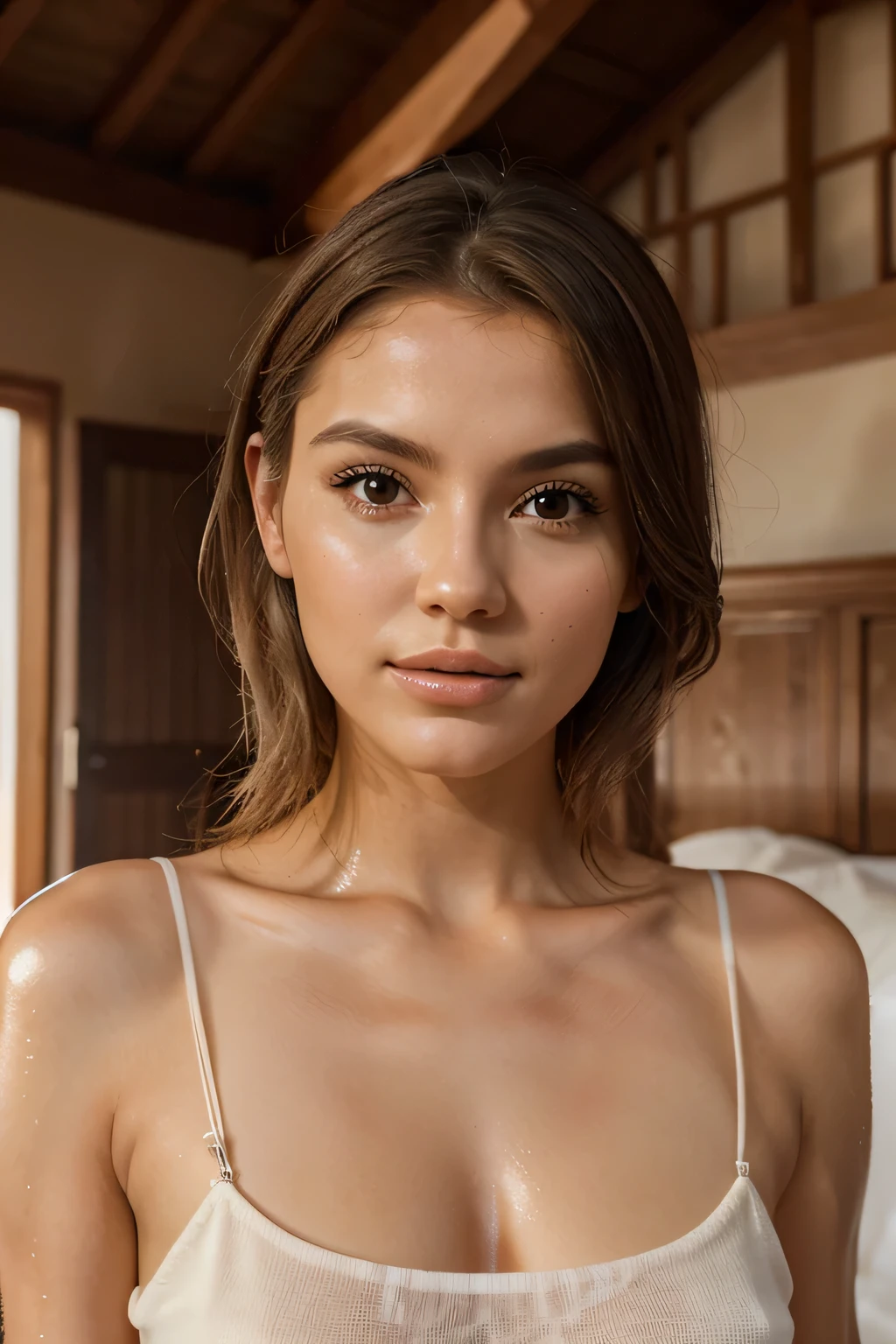 Nordic young woman, rosto fofo, sedutor, melhor qualidade, obra de arte, translucent summer dress, Hora dourada, Texturas detalhadas, cabelos longos e braded, sentado na cama, posando, pose casual, casa de campo de madeira, Interior, [corar], aesthetics, Intricado, Caustics, raios de luz, luz solar, (((soft lips))), (((Glossy lips))), altamente detalhado, (Semi-realista:1.2), Niloudef, cabelo vermelho