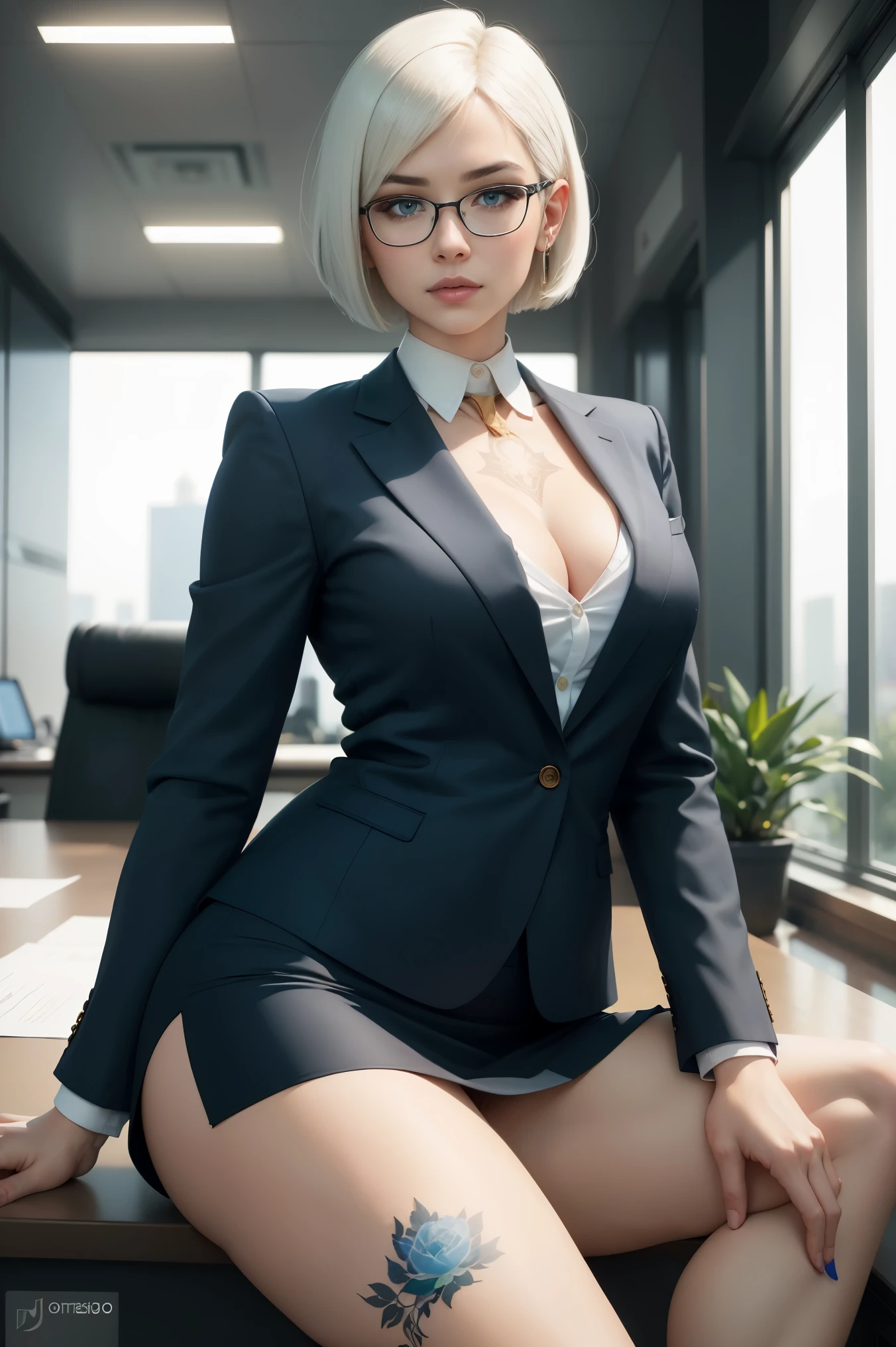 masterpiece, best quality, ultra-detailed, high contrast, realistic,(1woman),beautiful detailed eyes, looking at viewer,muscle thighs, tattoo, chest tattoo, thigh tattoo, sternum tattoo, White hair, bob cut Hair. CEO, professional, blue blazer, women’s suit jacket, professional skirt, glasses, secretary, office building, flirty, no shirt under blazer. Can’t keep legs closed