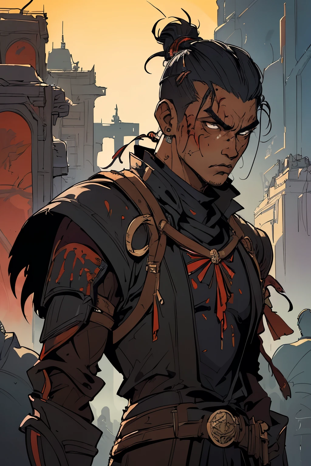 masterpiece:1.2, best quality, 1man,male, absurdres, dark, (action shot) of ruthless futuristic assassin, clothed in assassin robes and military gear, blood splatter, fantasy, SCI-FI, centered, portrait, in the style of  Kentaro Miura, Native American male, tan male focused, braided mohawk or shaved sides, masculine, 