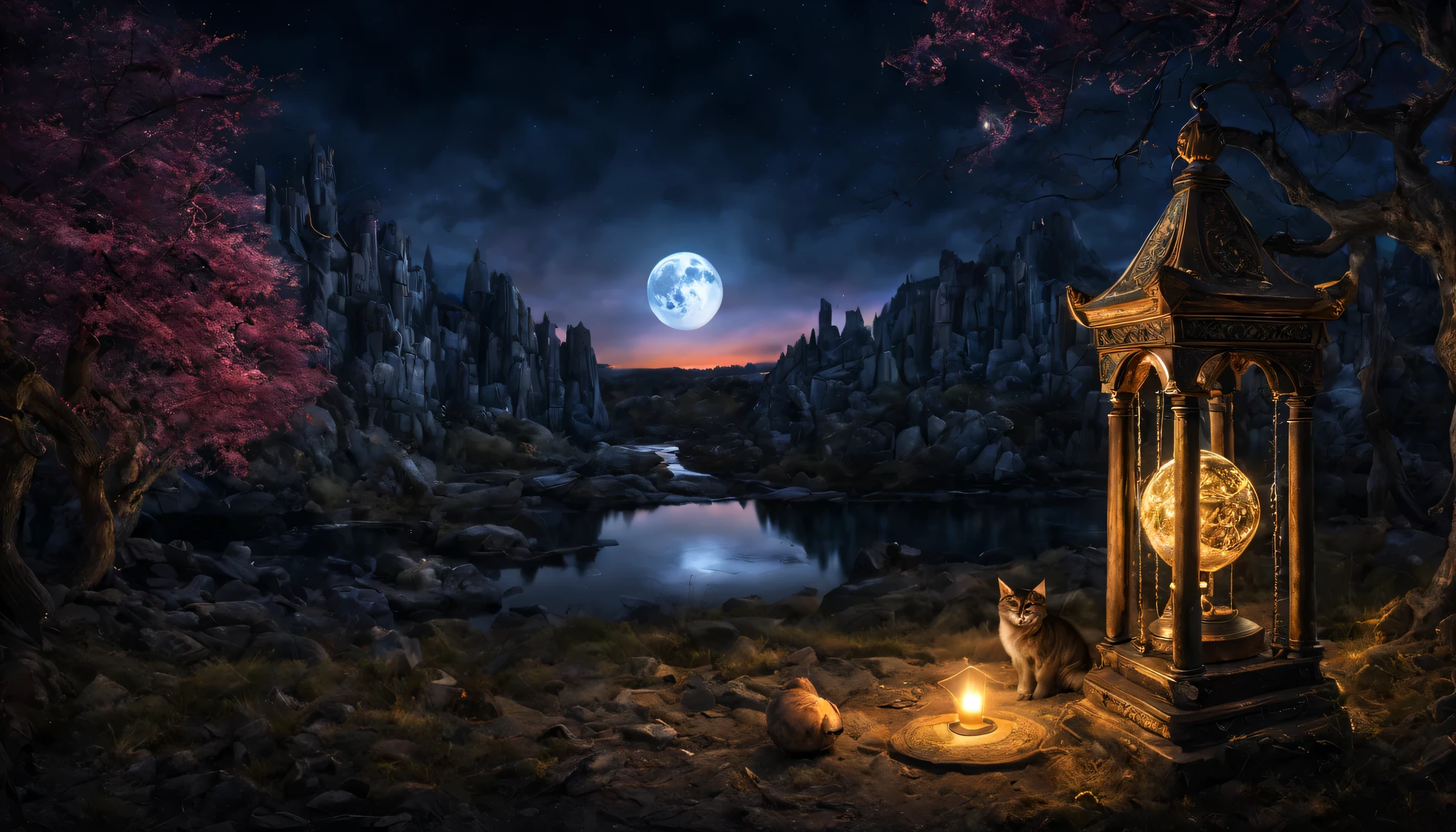chat, lune, pendule, tarot, magie, dans un paysage, Ambiance magique, mystère,(meilleure qualité, haute résolution,ultra-détaillé,réaliste:1.2),Des couleurs vives, acuité, HDR, fantaisie, Paysage magique, cristaux brillants, éclairage éthéré, beauté sublime, Ténèbres mystérieuses, ambiance surréaliste, spectacle fascinant.