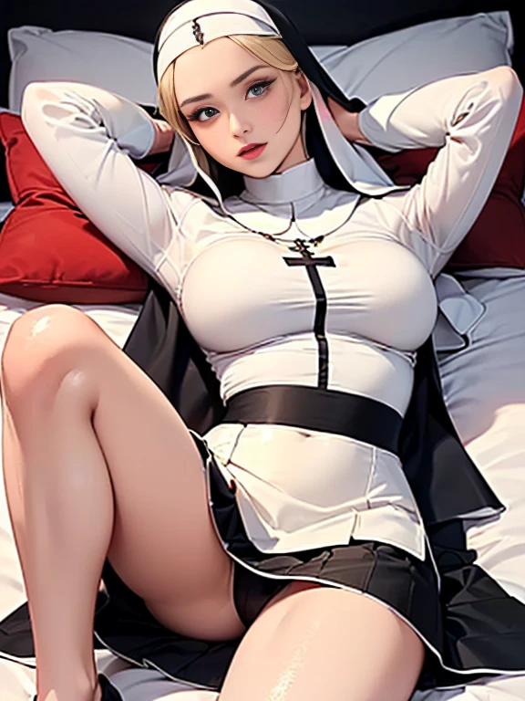 (best quality, 8k, highres, photorealistic:2.0), (solo, one girl:2.0),(lighting: front),(lighting: strong),(Russian Beauty:2.0),(very muscular girl:1.5),(bodybuilder girl:1.5),(shiny skin:1.5),(oily skin:1.5),(platinum blonde hair:1.5),(raise both arms behind your head:1.5),(((medium skirt long sleeve nun wearing tight clothes:1.5))),(wearing white panties:1.3),Blush brown makeup , dark eye makeup , use pink glossy lipstick, wearing a cross necklace,(amazing orgasm:1.0),(intense ecstasy:1.0),((Lie on your back on a clean bed and lean on a large pillow.)),(Open your legs as far as you can and bend them:1.5),((she is absentminded:1.5))