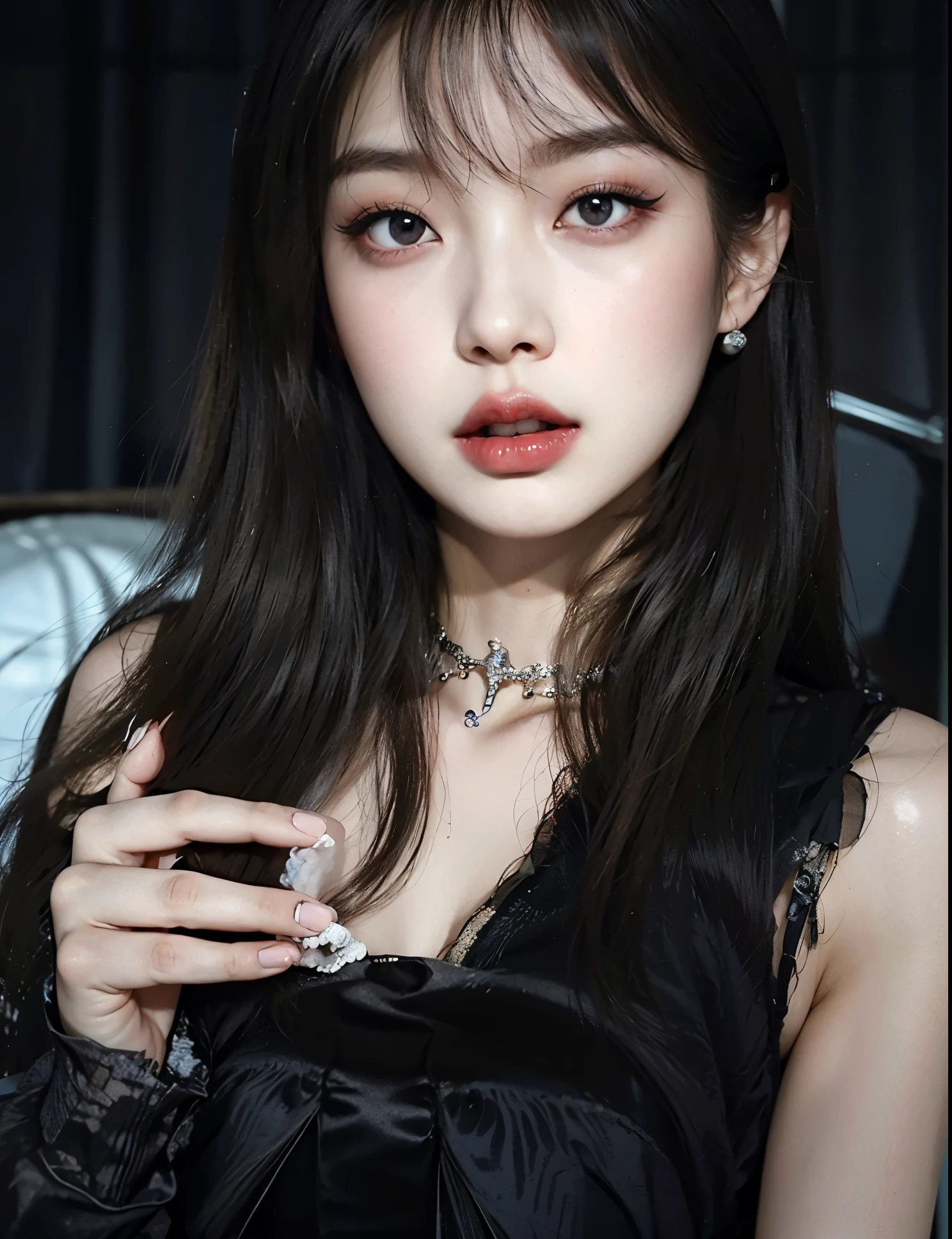 Araffada woman with long black hair and a chokehold on her neck., cruel korean gothic girl, gothic girl aesthetic, pale gothic beauty, with open mouth, Jinyoung Shin, tongue out, gothic horror vibes, 1 7 year old gothic girl, jennie pink black, Profile picture, ulzzang, profile picture, She has black hair with bangs
