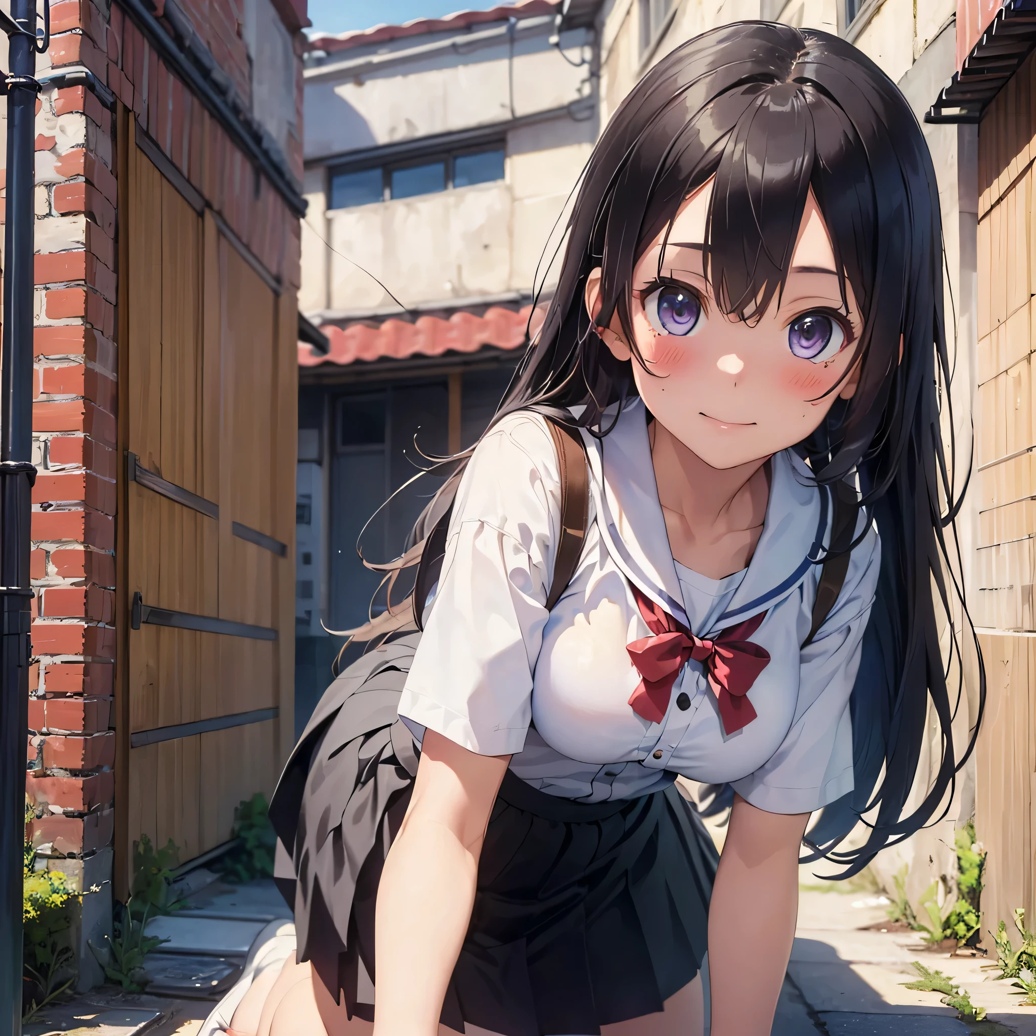 (masterpiece:2.0), (highest quality:2.0), (lean forward in an alley:1.5), (Extremely short uniform:1.5), (super sexy pose:1.5), (look up from below:1.5), (fully exposed nape:1.5), (blushing face:1.5), (Spilling breasts:1.5), (realistic:1.5), 1 , very cute girl, precision small needle, You look embarrassed when you look at me, light smile, innocent face, young face, clear eyes, shining eyes, small breasts, I can see the cleavage, no pubic hair, dynamic posing, beautiful skin, super fine, highest resolution, Japanese high school student, golden hair
