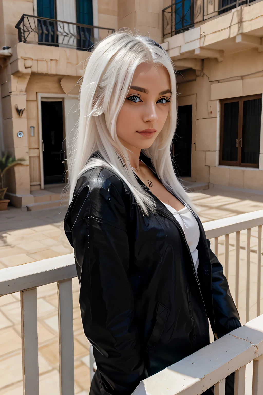 photography beautiful white hair girl with blue eyes, black black jacket, on balcony in Egypt, enjoying, girl, summer, hot girl