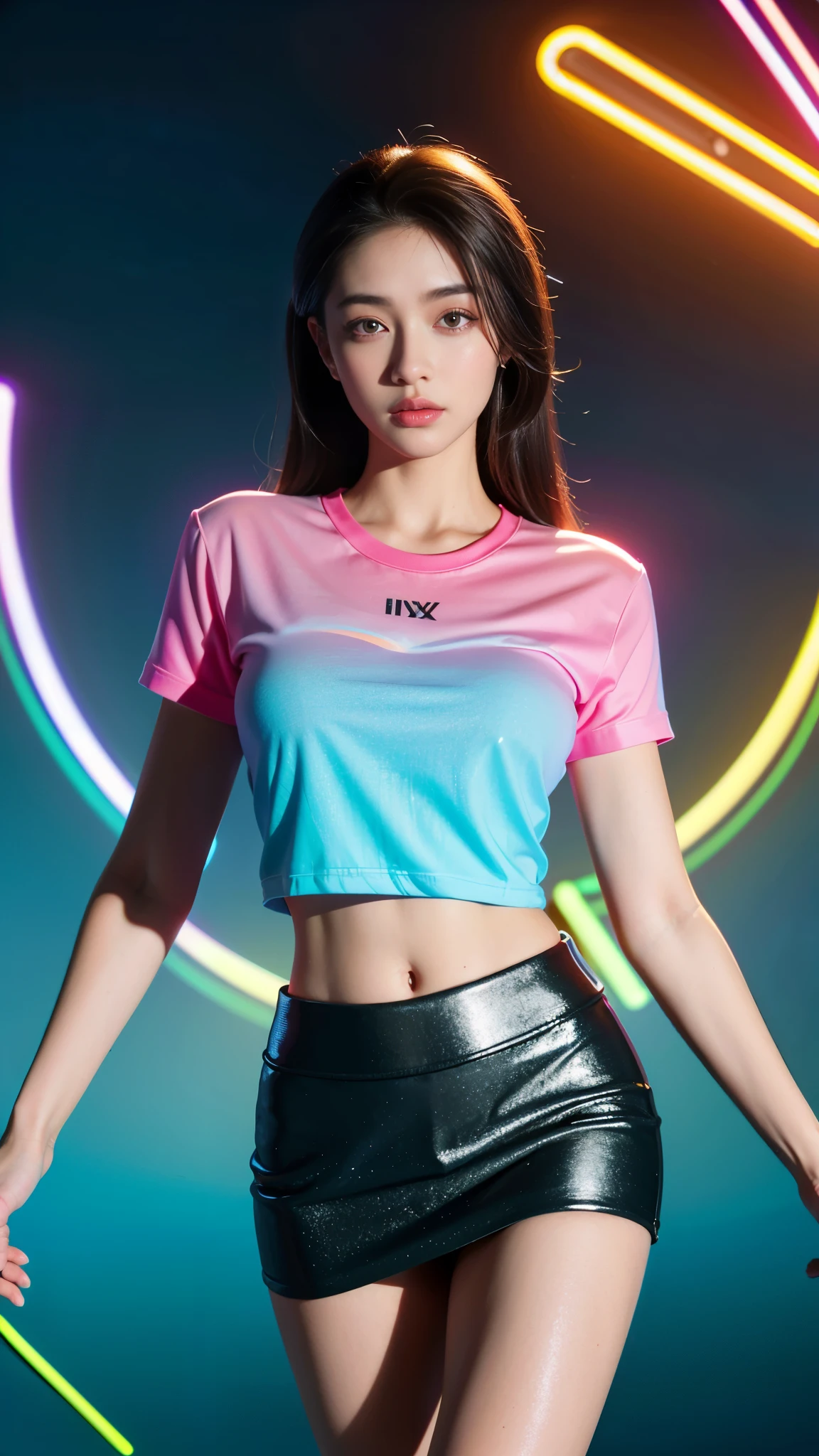 8K, ultra HD, masterpiece, 1 girl, good face, loong hair, detailed eyes, detailed lips, (perfect beautiful Curved figure), (gradient t-shirt:1.5), (detailed t-shirt:1.5), bare stomach, (mini skirt:1.5), computer graphics room, (neon lights:1.5), spreading lights, LED screen, ground reflection, dark room, (Unreal Engine 5),