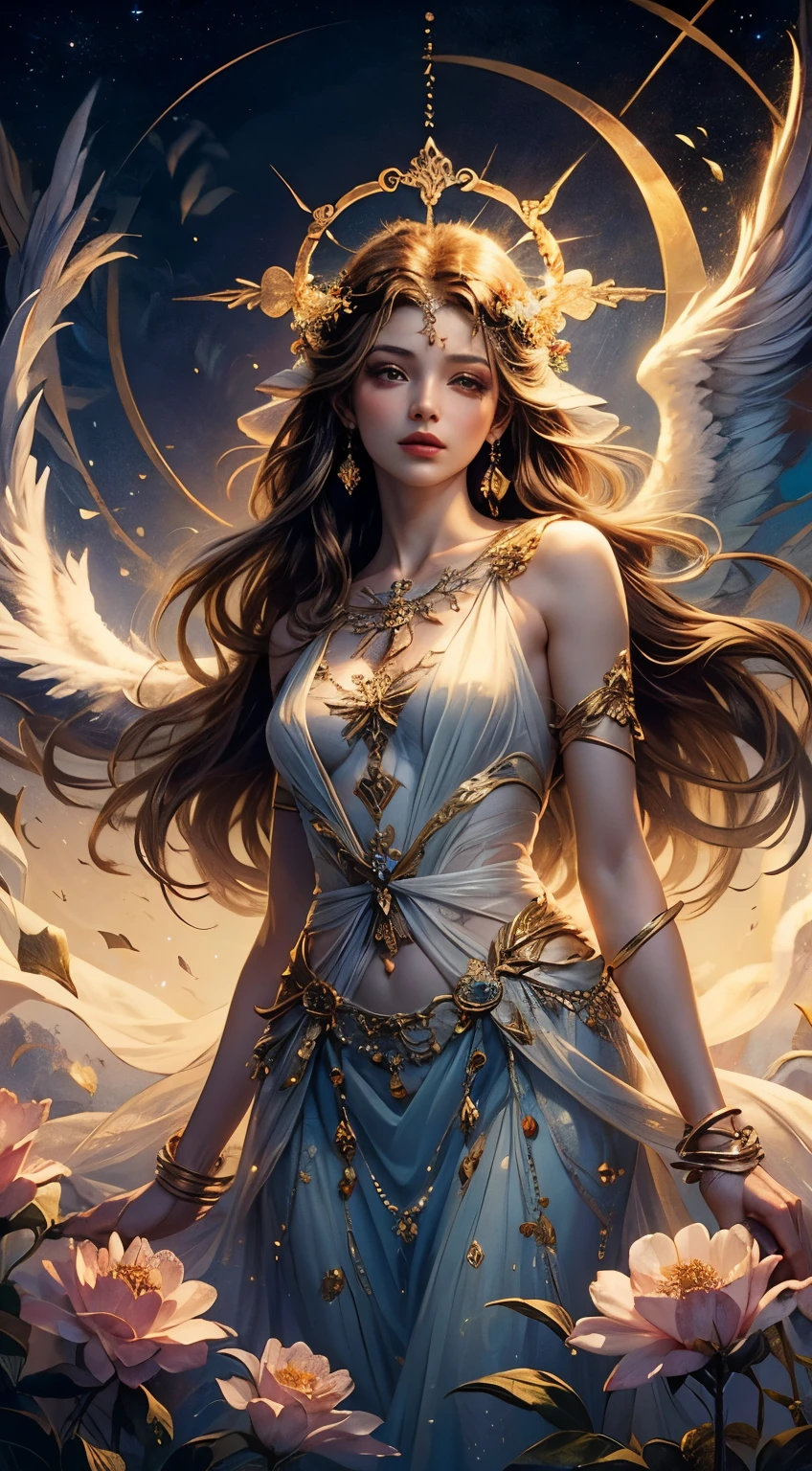 (Goddess of Love) beautiful, ethereal, shine, sacred, flowing gown, Golden halo, Soft curl, vivid flowers, Wind, heavenly aura,whole body