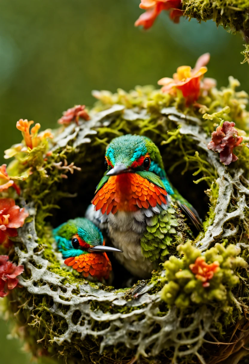 a high resolution professional macro photograph of a teacup sized moss and lichen covered hummingbird nest with two very small bright colorful hummingbirds inside, textured, highly detailed, realism, 8k resolution, fine detail, deep contrasting colors, texture, perfect composition, beautiful