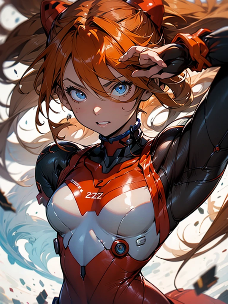 asuka langley soryu,blue eyes,hair between eyes,headware,interface headset,orange hair,battle costume,action pose,thick coating,album artwork,storytelling images
