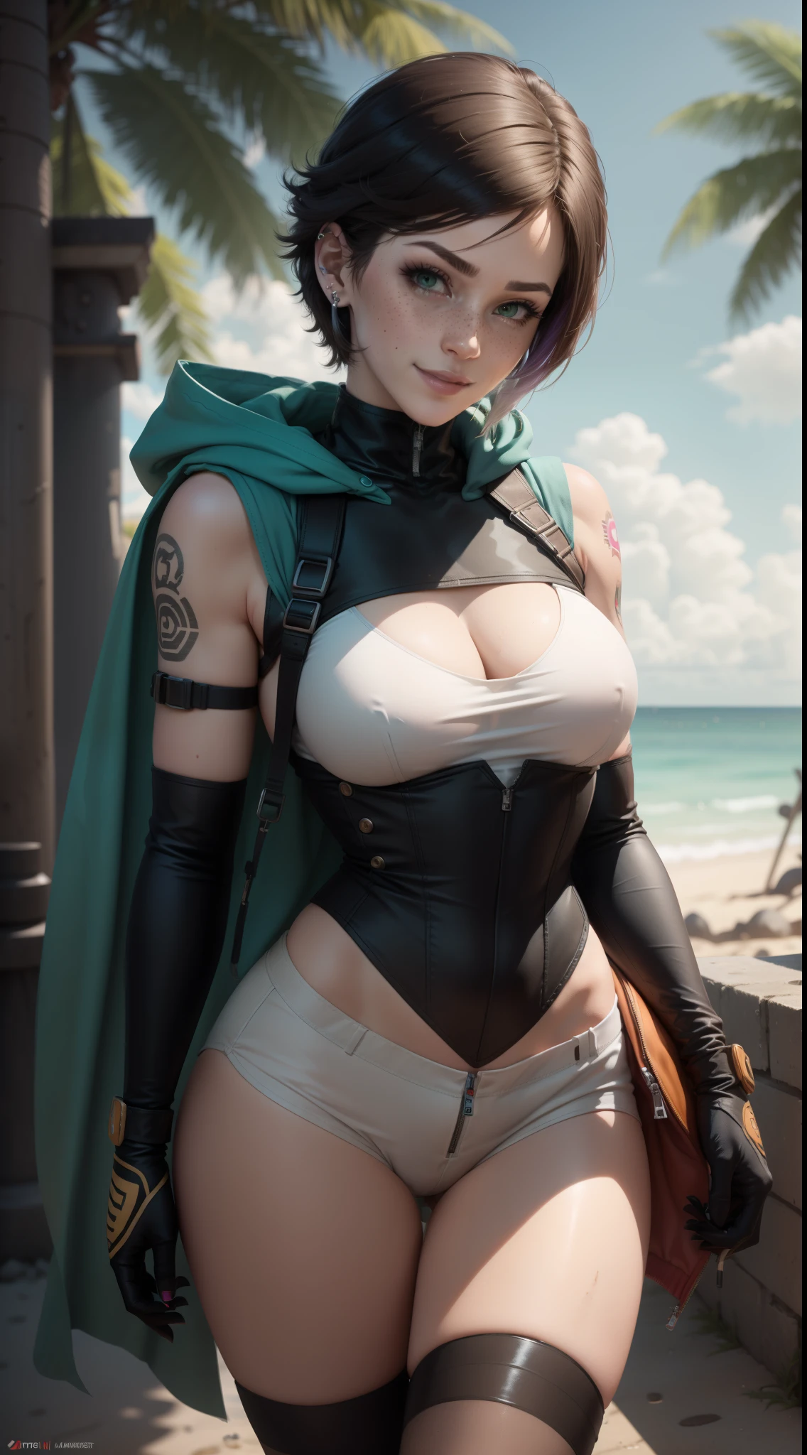 gwen tennyson,yorha 2b,tracer,d.va,lara croft, overwatch,nier automata,close up,beach jungle ruins,tattoos,orange and white plugsuit,white short sleeve military top,sleeveless military hoodie,lycra micro skirt,harness corset,short hair,punk makeup,green eyes,multicolored silver hair,military gloves,sexy smile,freckles,beautiful girl,thigh high boots,large breasts,8k,ultra detailed,realistic,fantasy art,pilot uniform, military uniform,hair pin,ear piercings,(weather:windy),1girl,