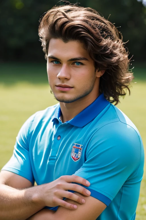 brunet boy, football player, 21 years old, inoccent face, natural wave hair, blue eyes