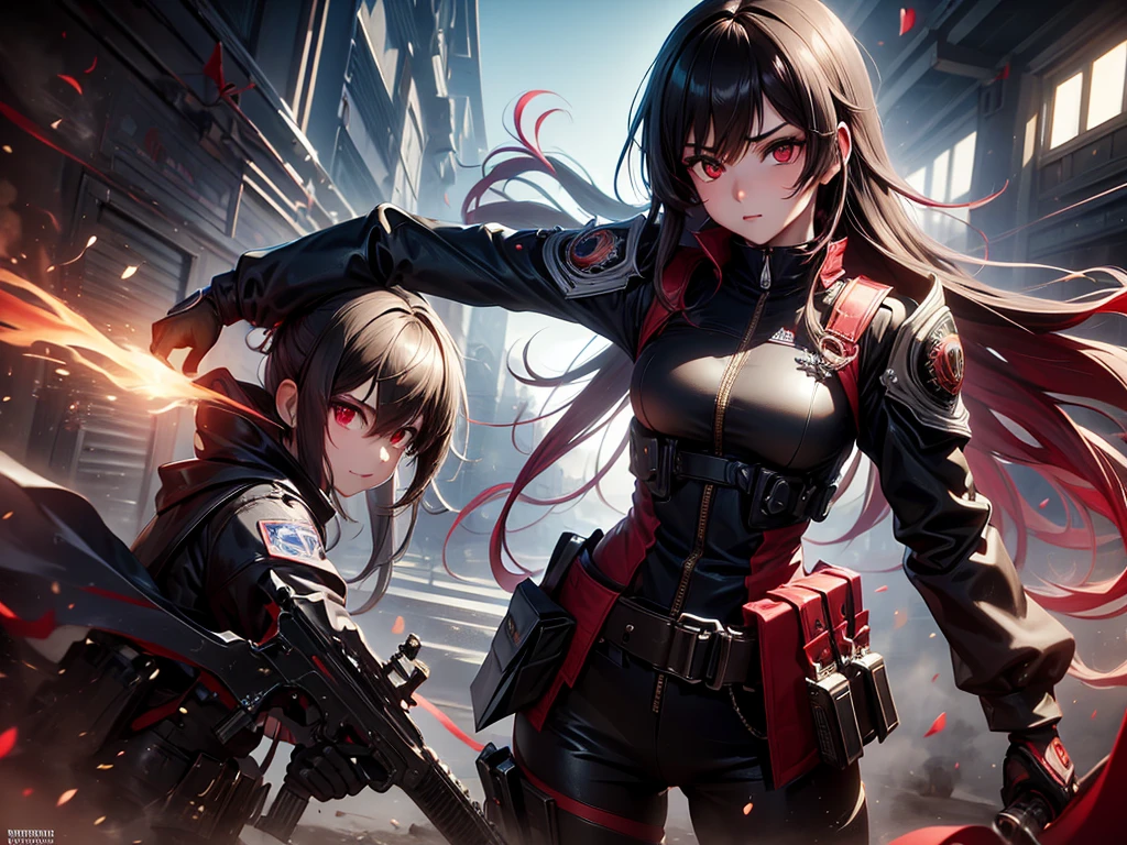 Estilo anime, ( tall 25 year old girl), ( cabello corto de color negro),( ojos de color rojos), pechos grandes, mirada feliz, porta una armadura militar negro con blanco, en su mano porta una pistola, esta con un grupo de marines luchado contra zombies mutantes en un pasillo. Obra maestra, 8K, High Definition, estilo anime 3D.