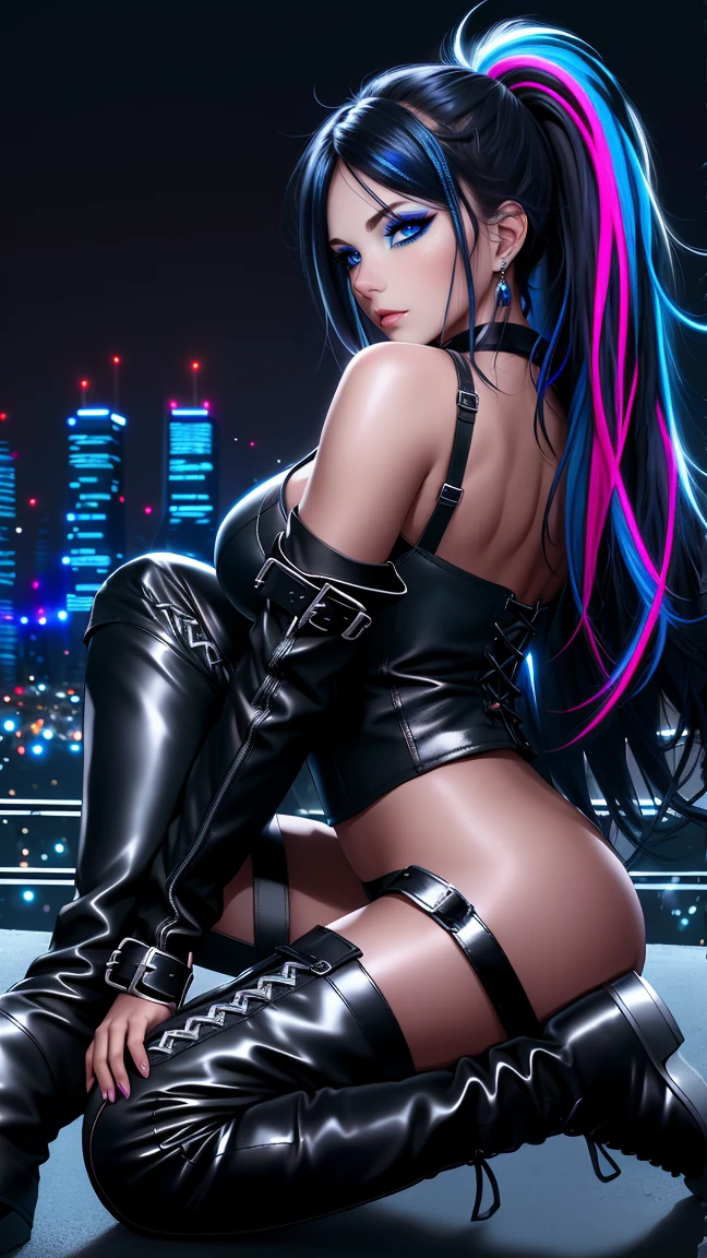 beautiful girl, full body, bright blue neon streaked dishevelled hair, ((large light realistic detailed eyes:1.3)), ((seductive pose:1.5)), black eyeshadow, (street style wear:1.2), ((tight fitted short pants)), ((thigh high leather boots:1.3)), ((dark city night black background:1.4)), dark makeup, digital art, trending on artstation, highly detailed, fine detail, intricate, beautiful detailed glow, detailed, Cinematic light, high-res, detailed facial features, sharp focus, smooth, aesthetic,