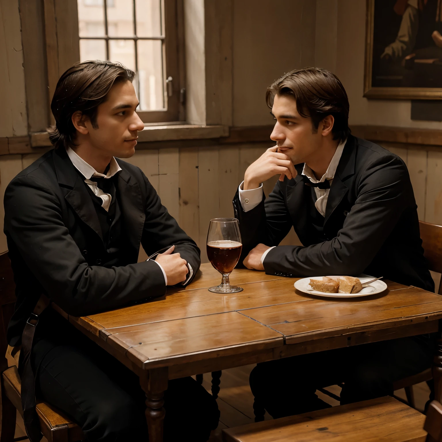 Two 19th century brothers talking sitting at a table