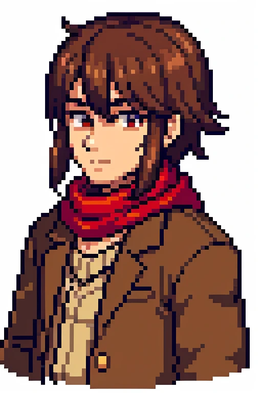 Pixel aRt of man weaRing scaRf and bRown jacket, #pixelaRt:3, lofi poRtRait, estilo anime plano, sombreamento estilo anime plano, # pixelaRt, #pixelaRt, /R/pixelaRt, anime style chaRacteR, visual novel spRite, he‘s weaRing a Red scaRf, em estilo anime, poRtRait pixel aRt dRawing, jovem anime homem, pixelaRt, barba, cabelo longo preto