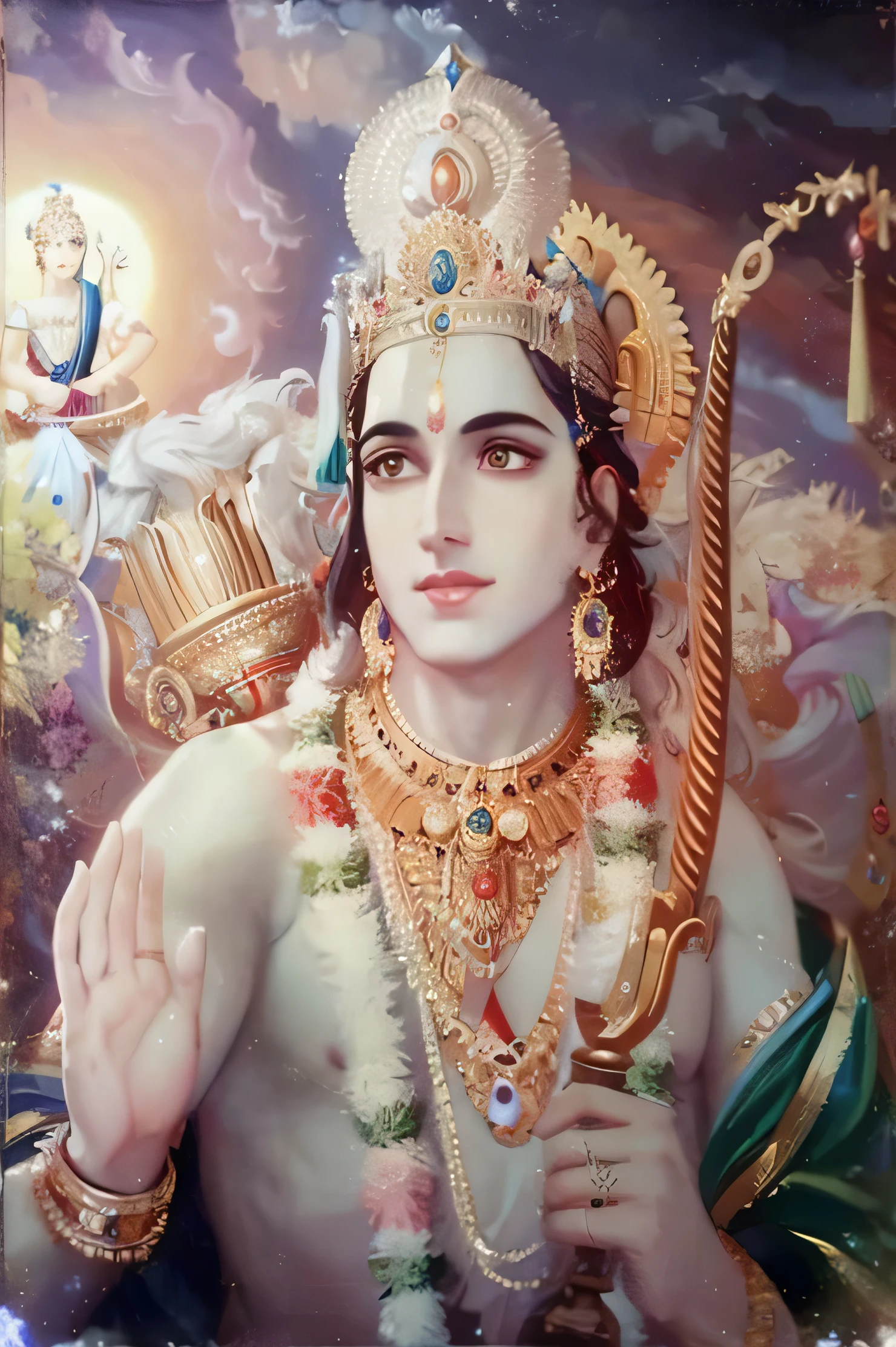 a painting of a hindu god with a large head and a large crown, from ramayan, indian god, hindu god, vishnu, attractive male deity, inspired by Ram Chandra Shukla, hindu gods, hindu aesthetic, godess, ashoka tano, hindu art, beautiful image, divine god, shiva, godness, beautiful goddess, inspiring art