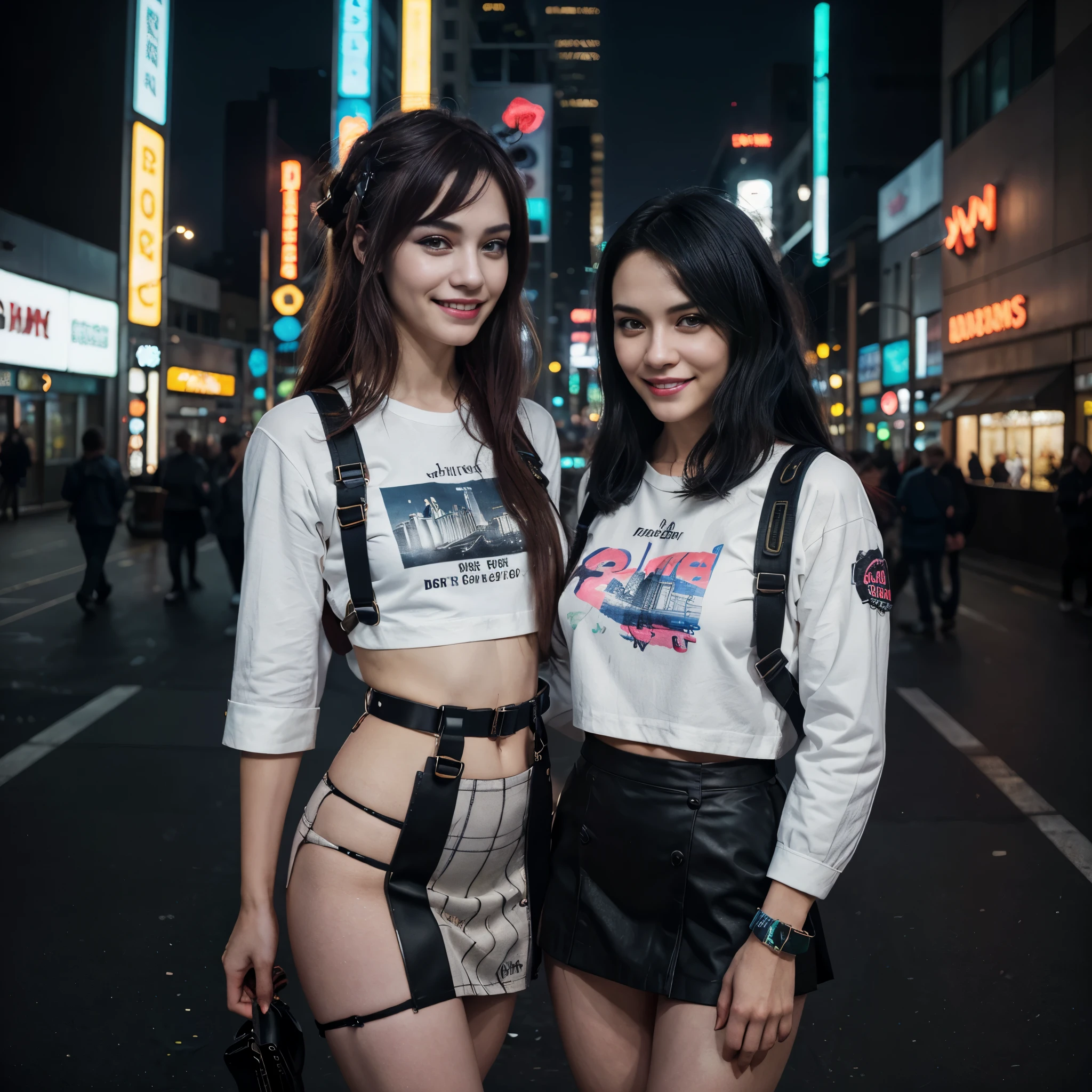 masterpiece, best quality, 2 ((smiling)) cyberpunk girls standing together, Harajuku-inspired cyberpunk body harness, bold colors and patterns, eye-catching accessories, trendy and innovative hairstyle, dazzling Cyberpunk cityscape, skyscrapers, neon signs, LED lights, bright and vivid color scheme, illustration, detailed skin texture, detailed cloth texture, wearing mini plaid skirt, and white shirts, beautiful detailed face, intricate details, ultra detailed, cinematic lighting, dark shadows.