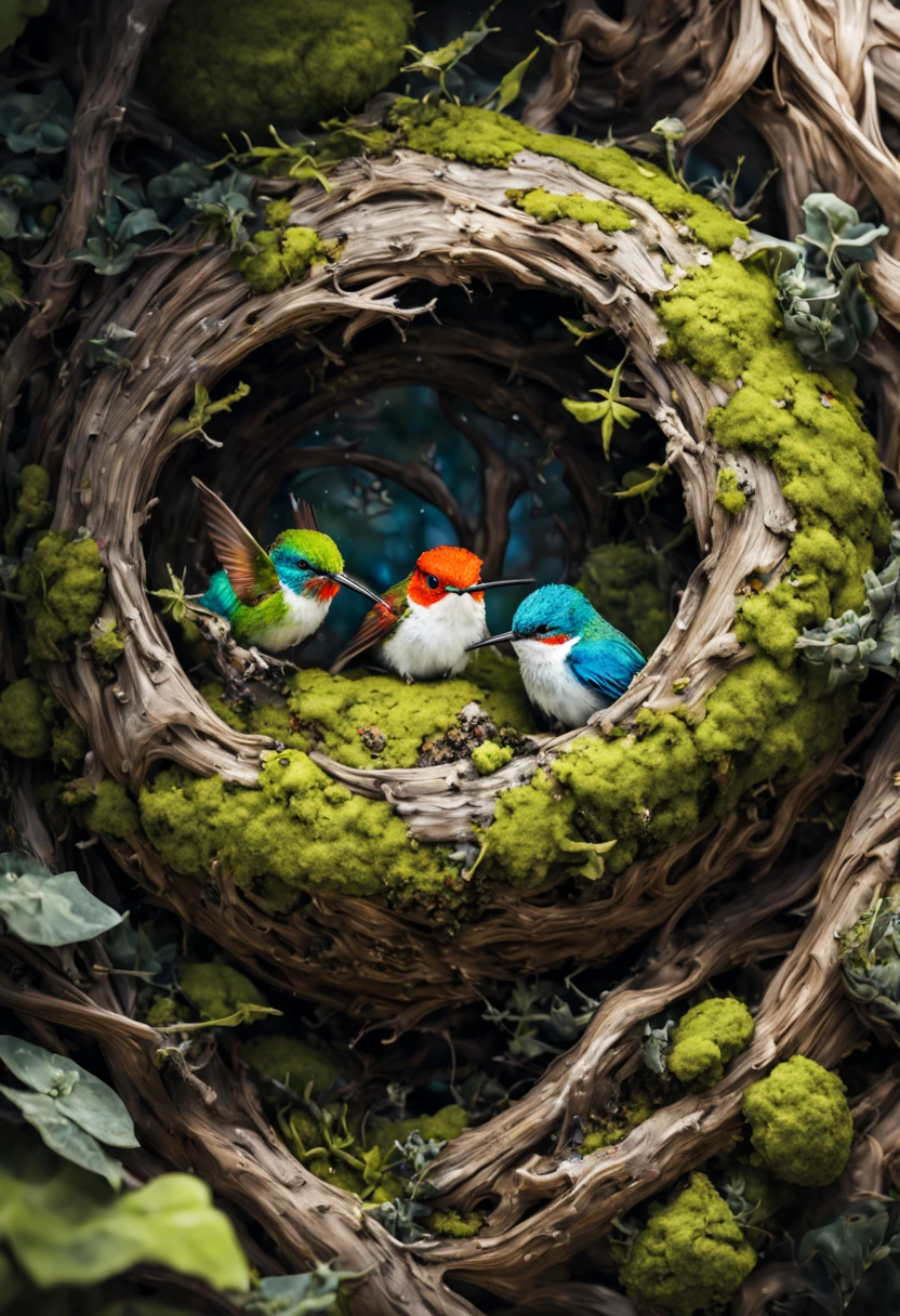 a high resolution professional macro photograph of a teacup sized moss and lichen covered hummingbird nest with two very small bright colorful hummingbirds inside, textured, highly detailed, realism, 8k resolution, fine detail, deep contrasting colors, texture, perfect composition, beautiful