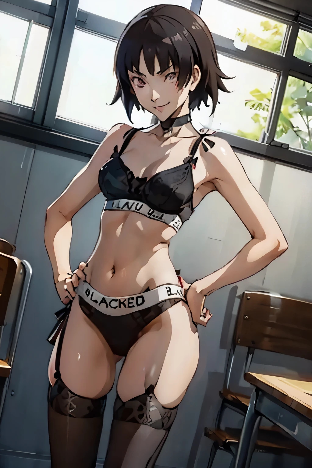 makoto, ((mean smirk)), (((blacked lingerie))), hands on hips, school