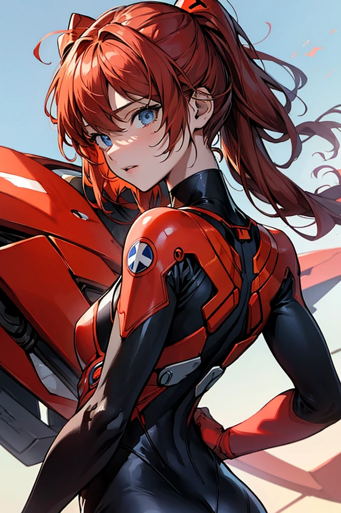 (masterpiece), highest quality, expressive eyes, perfect face, 1 girl, alone, Soryu Asuka Langley, interface headset, red bodysuit, Are standing, bad pose, laboratory background, Upper body, portrait, From the back