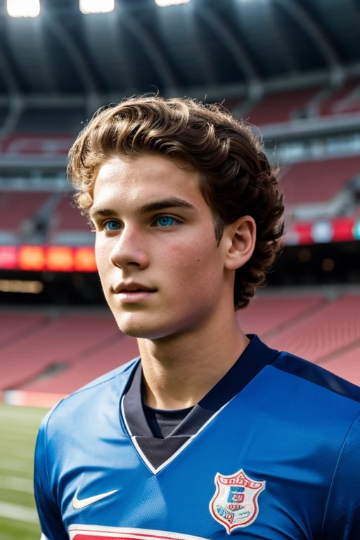 boy in stadium , football player, 21 years old, inoccent face, natural wave hair, blue eyes