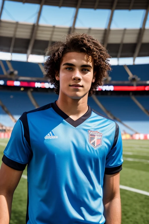 boy in stadium , football player, 21 years old, inoccent face, natural wave hair, blue eyes