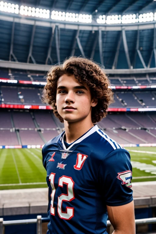 boy in stadium , football player, 21 years old, inoccent face, natural wave hair, blue eyes