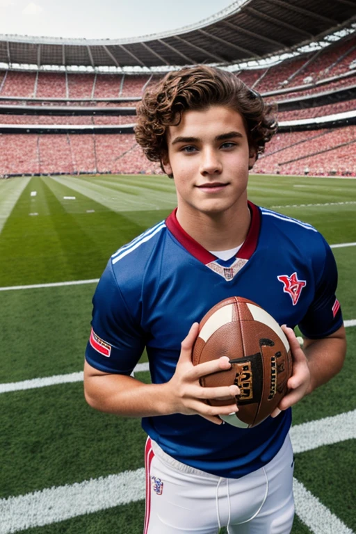 boy in stadium , football player, 21 years old, inoccent face, natural wave hair, blue eyes