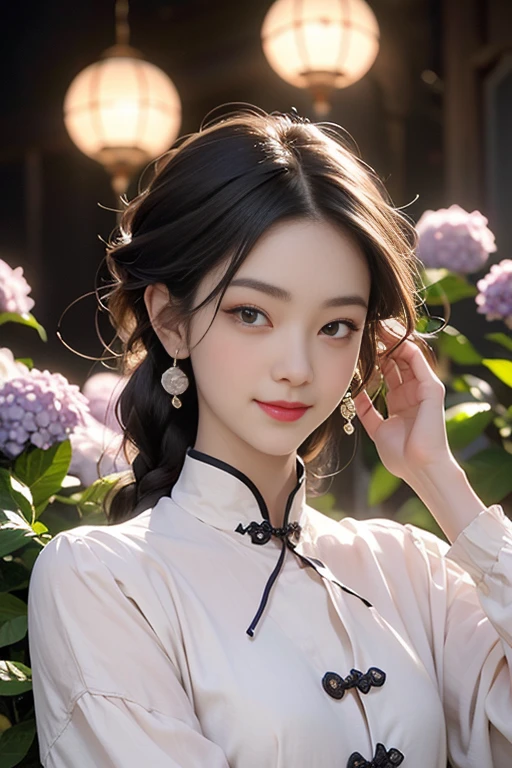 masterpiece, Highest, night, full moon, 1 female, mature woman, Chinese style, ancient China, sister, royal sister, smile, dark brown hair, black hair, princess cut, Braid, curly hair, double ball head, pale pink lips, Calm, intellectual, medium hair, green eyes, hairpin, hydrangea, delicate face, close up of face, Hand close-up