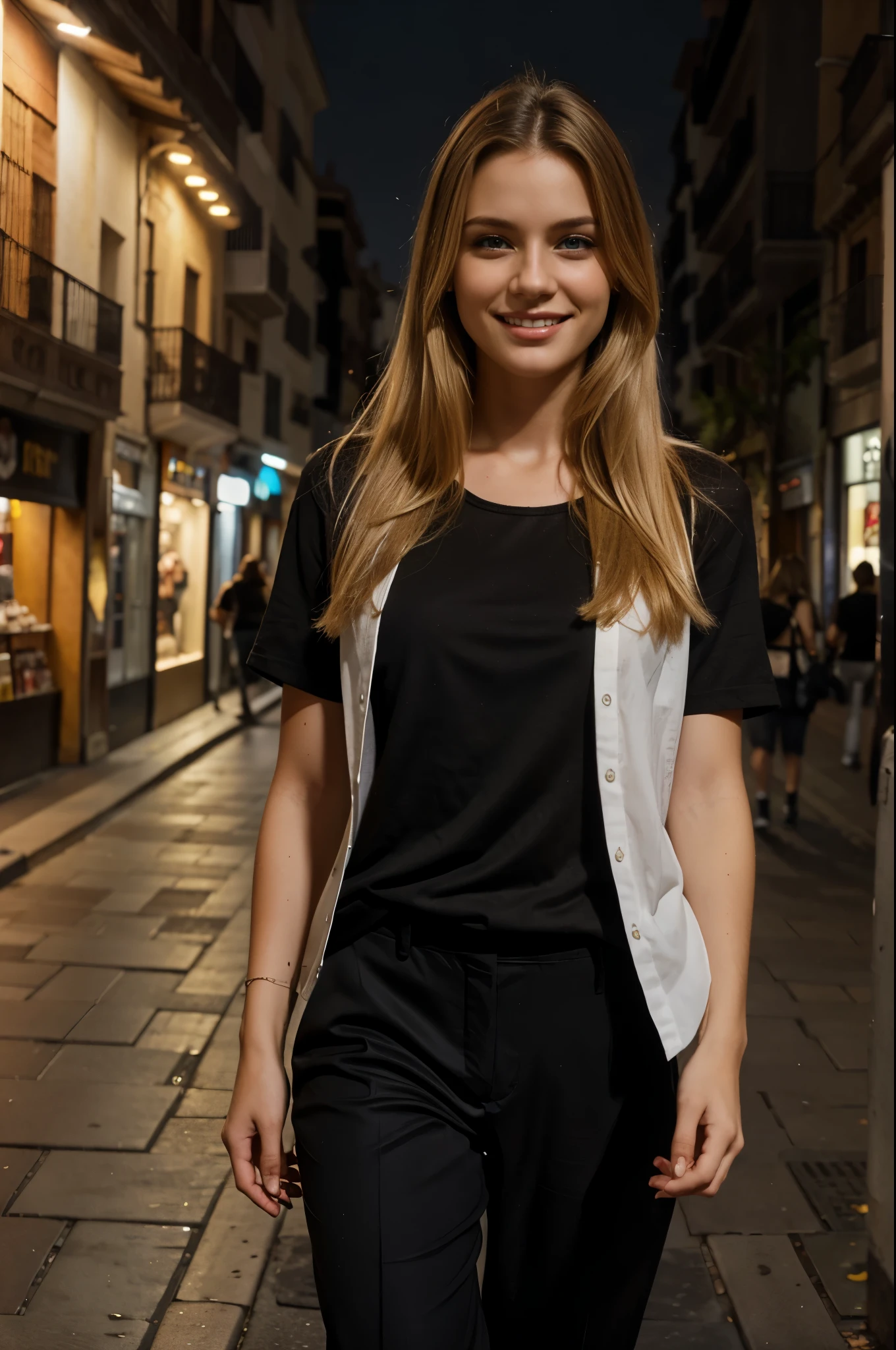 night shot of young white model, wearing plain black shirt and trouser, smiling and walking in Barcelona Spain, brown eyes, blonde hairs, realistic skin texture, realistic photography