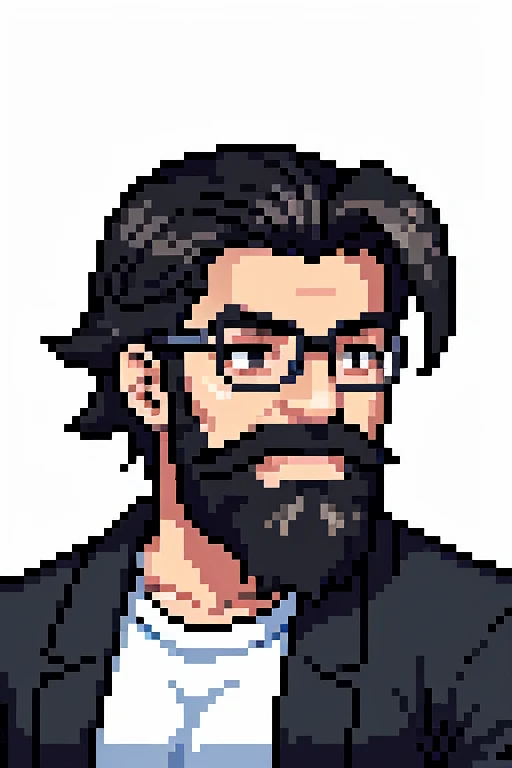 Pixel aRt of man weaRing glasses and white t-shirt with sleeves protetcing his arms, #pixelaRt:3, lofi poRtRait, estilo anime plano, sombreamento estilo anime plano, # pixelaRt, #pixelaRt, /R/pixelaRt, anime style chaRacteR, visual novel spRite, em estilo anime, poRtRait pixel aRt dRawing, jovem anime homem, pixelaRt, barba por fazer, cabelo preto, unshaven beard, black hair, visão de frente, stading, olhando para a frente, 