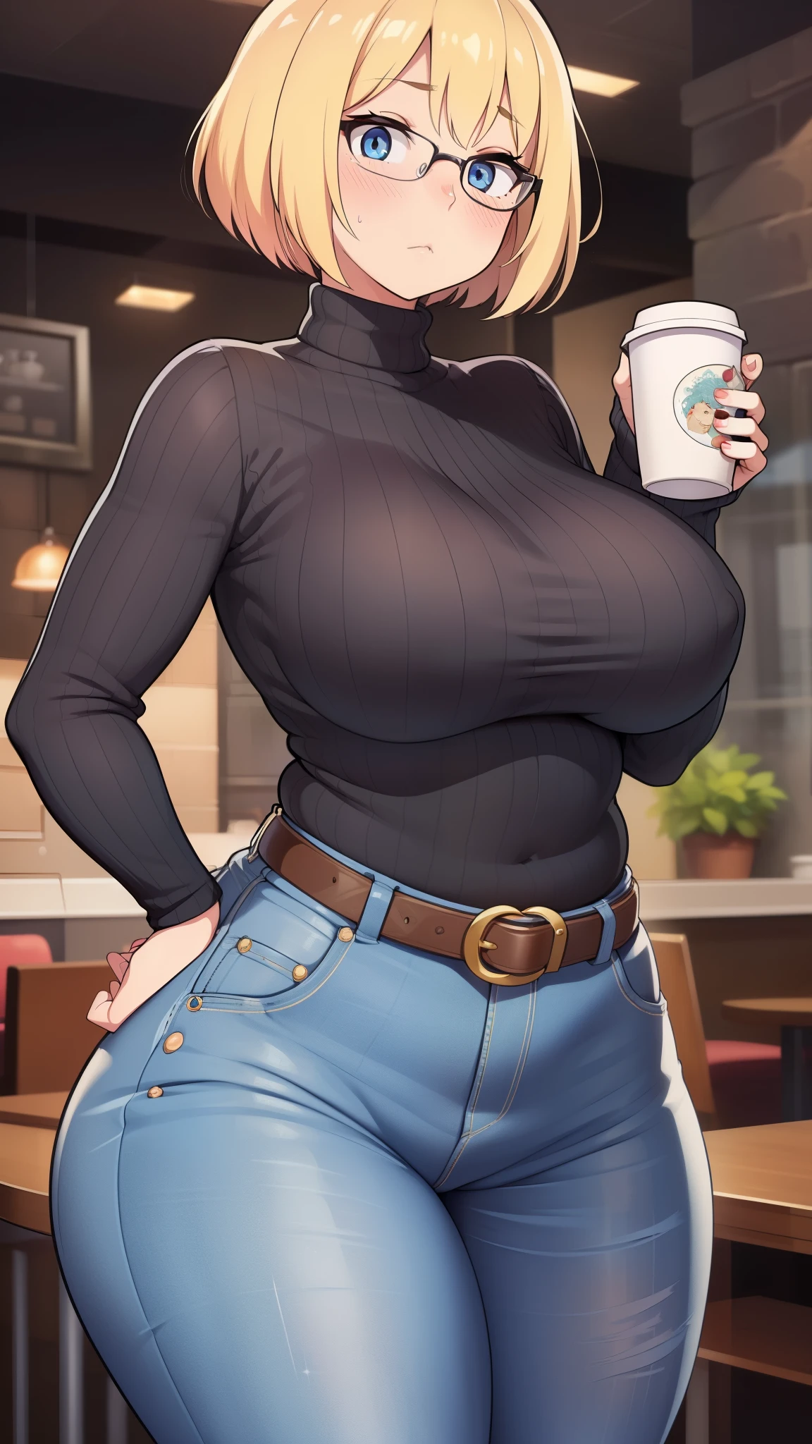 ((Masterpiece)), perfect anatomy, perfect shading, field of depth, (best quality), extremely delicate and beautiful, perfect lighting, detailed face, ultra cute face, cute, (cowboy shot 1.2), full body, (((1girl))), ((solo)), looking at viewer,
short hair, fluffy hair, blonde hair, blue eyes, Glasses, ((blush)), shy, nervous (black turtleneck sweater 1.5), (jeans 1.2), belt, extremely tight clothes, medium breasts, ((wide hips)), (((thick thighs))), ((chubby))
cafe, intricate background, detailed background, hand on hip, holding coffee cup,