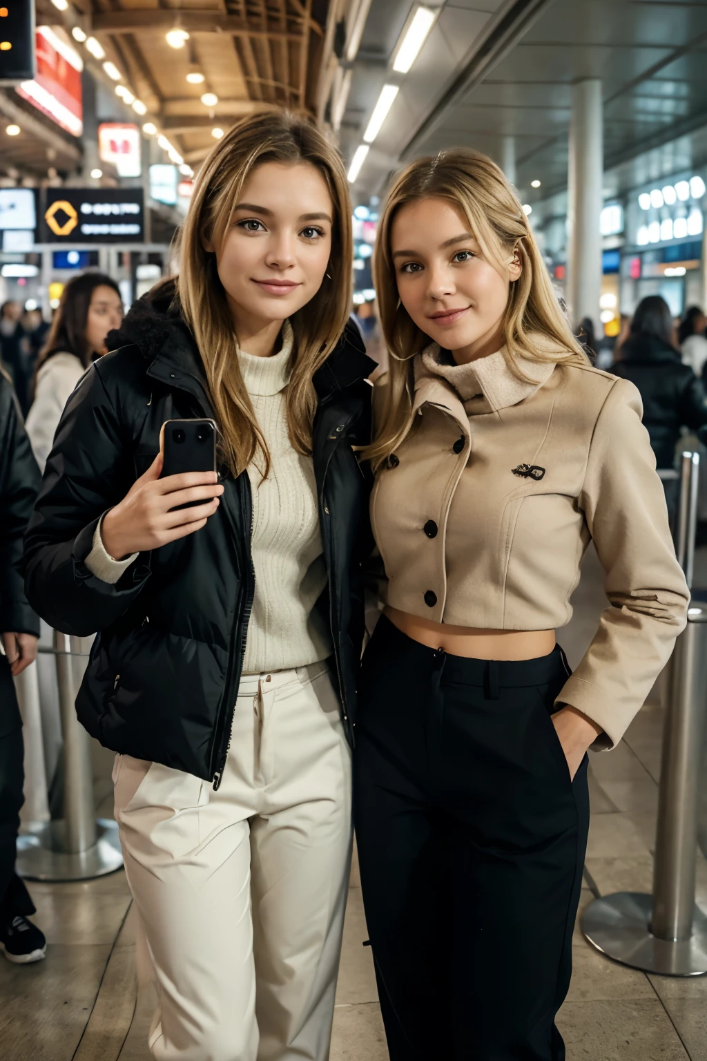 2 belle femme avec de long cheveux blond claire, with a winter coat and winter pants , avec les mensuration suivante 90-60-90, Soir, in bali airport, selfie