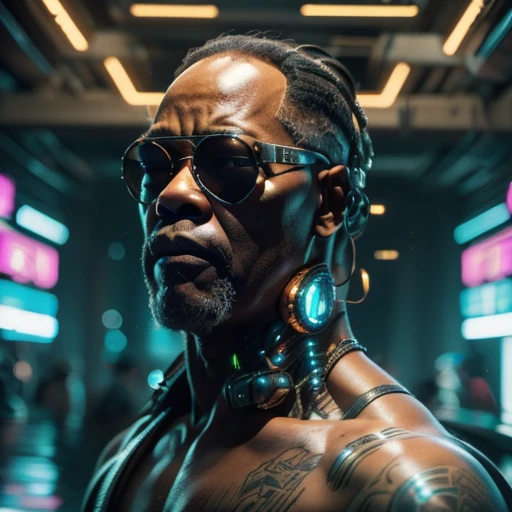 ((masterpiece, highest quality, hires, amazing detail, 8k, best quality)), cinematic, portait, closeup shot of middle aged man / Samuel l jackson/, wearing highly damaged battlesuit, perfect facial hair, scars, cybernetic implants, mirrorshades, in the artstyle of shirow masamune, ghost in the shell, gantz, gritty, cyberpunk background, dynamic colours