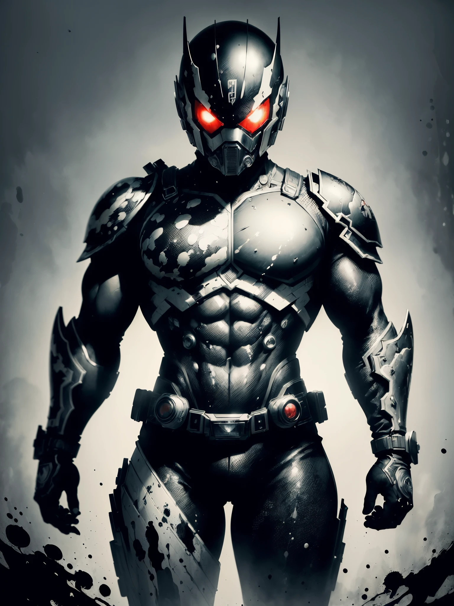 ((Best quality, 8K, masterpiece: 1.4)),((amazing detail: 1.3)),((illustration: 1.2)),((high resolution: 1.1)), (Ink and wash style), (splash-ink), (ink painting), Kamen Rider, Combat posture, Science fiction, perfect composition, correct structure, panoramic view, black and white color scheme